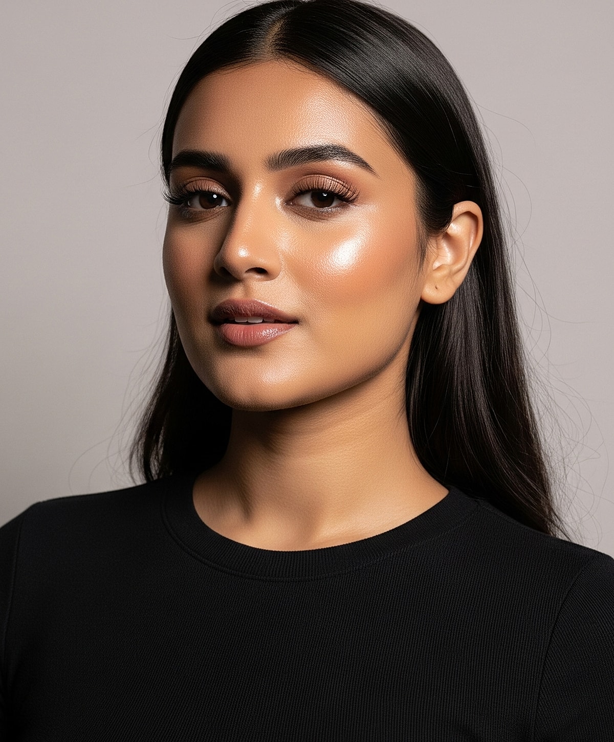 Woman with glossy skin wearing a black top.